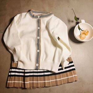 Back To School Cool -Cream Buttoned Cardigan and Burberry Style Print Knit Skirt